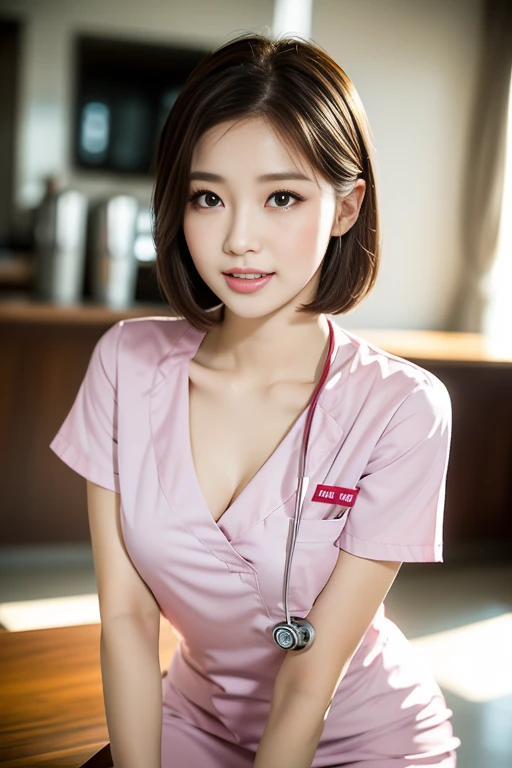 (Ulzzang-6500-v1.1, masterpiece, highest quality:1.3, ultra-detailed 8k:1.2, hyperrealistic:1.35, raw photo:1.2, highest quality, high resolution, wallpaper, realistic, dramatic, realistic painting art by midjourney:1.3, 1 nurse, 28yo, pink nurse uniform, hair clip, short white tight skirt:1.3, tired and resting in hospital cafe, super beautiful, beautiful skin, detailed face, symmatrical face, double eyelid, beautiful and detailed eyes, friendly kind smile, beautiful glossy lips, snaggle-tooth, short bob hair, chest strengthening, ample bosom, emphasize body line, perfect style, cowboy_shot, bokeh background, warm lighting, natural soft light)