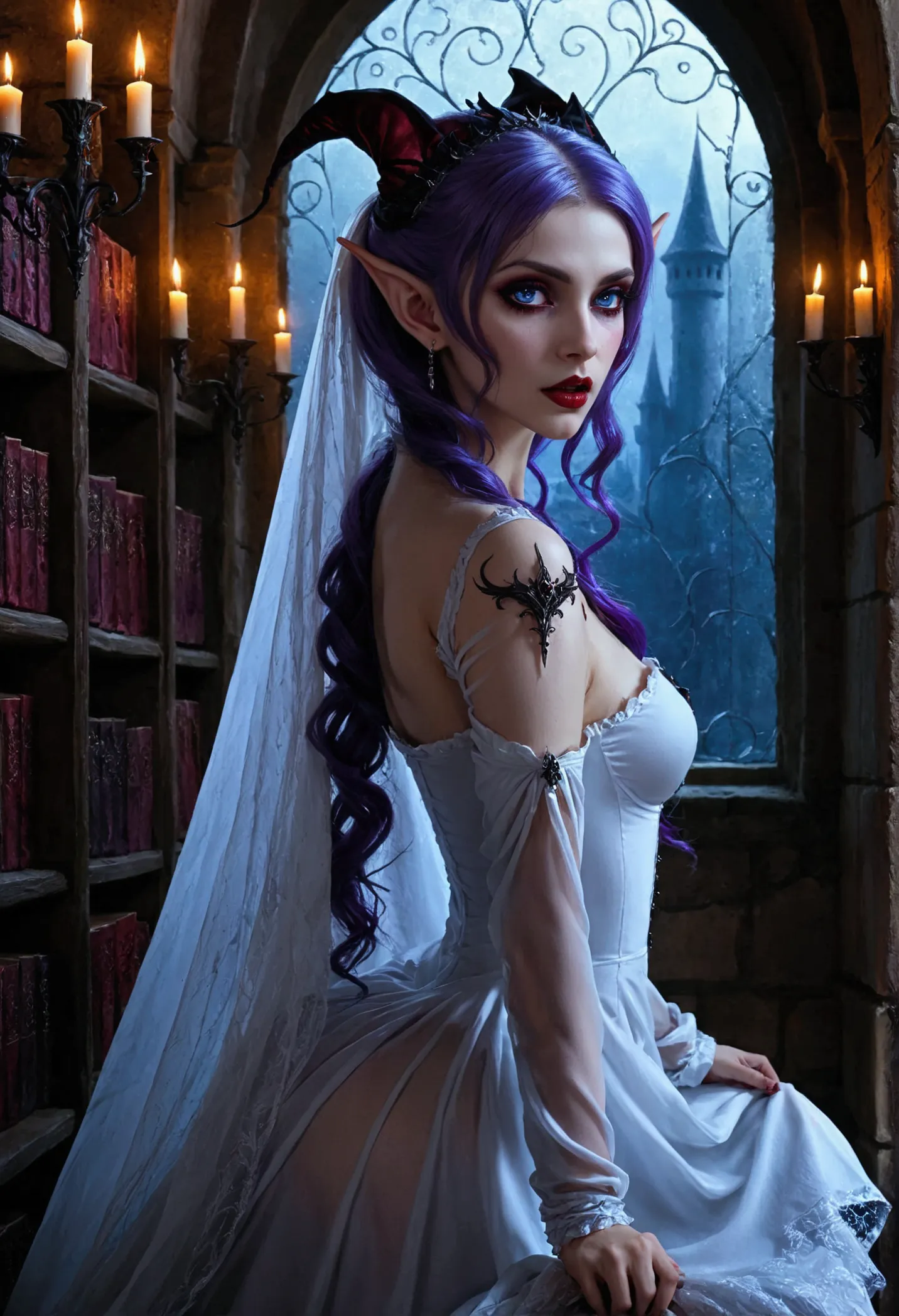 arafed a picture of elf vampire in her castle. an exquisite beautiful female elf vampire (ultra details, masterpiece, best quali...