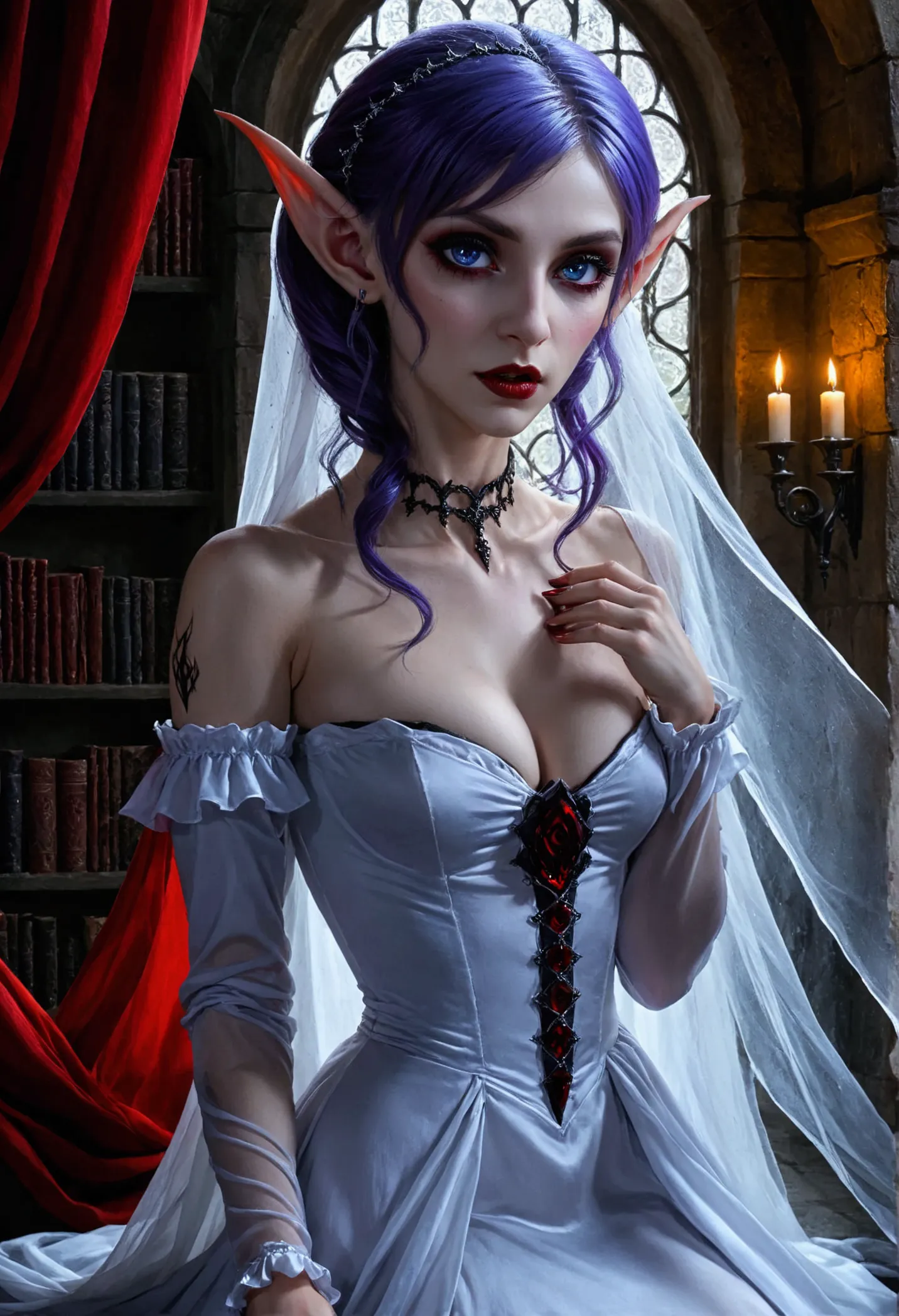 arafed a picture of elf vampire in her castle. an exquisite beautiful female elf vampire (ultra details, masterpiece, best quali...