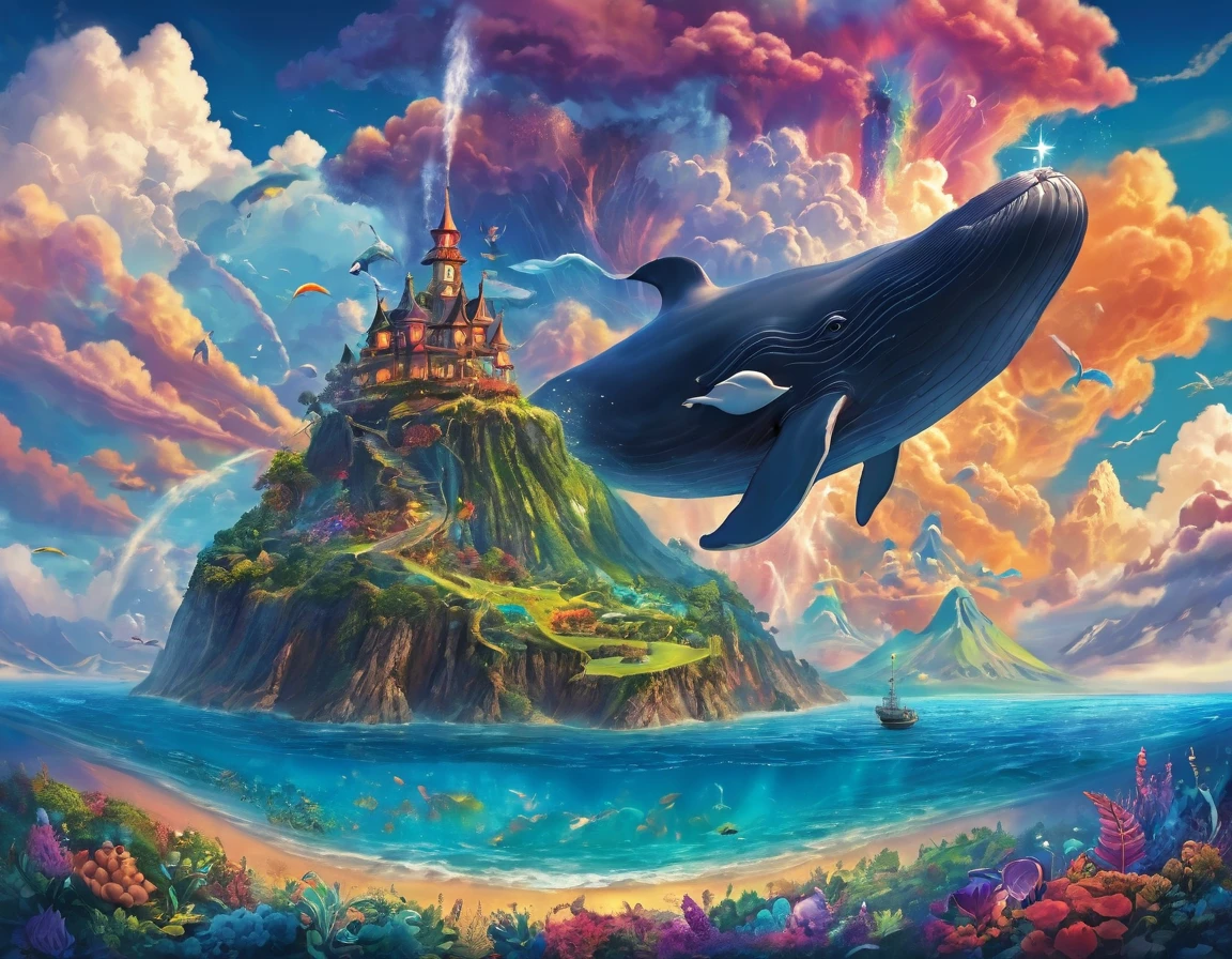 Island in the sea，Fairy tale world，There is a Flying Whale on the volcano，Neverland，Colorful Clouds