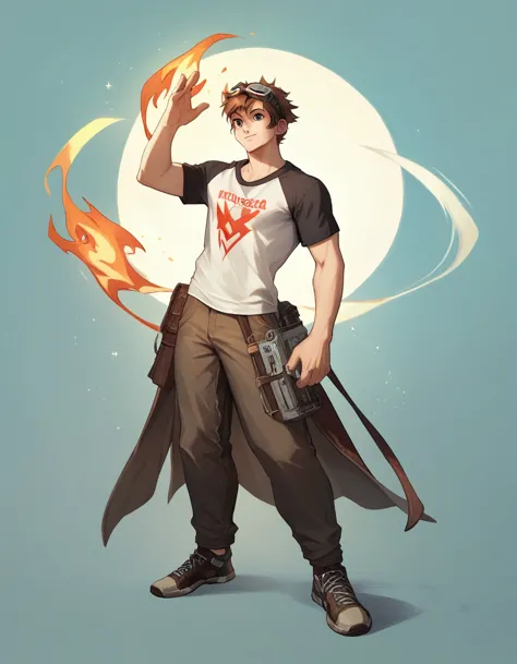 human male 20 years  , brown  haircut, wearing t-shirt  , head  goggles , fire powers ,   , full body ,pants  ,solo ,