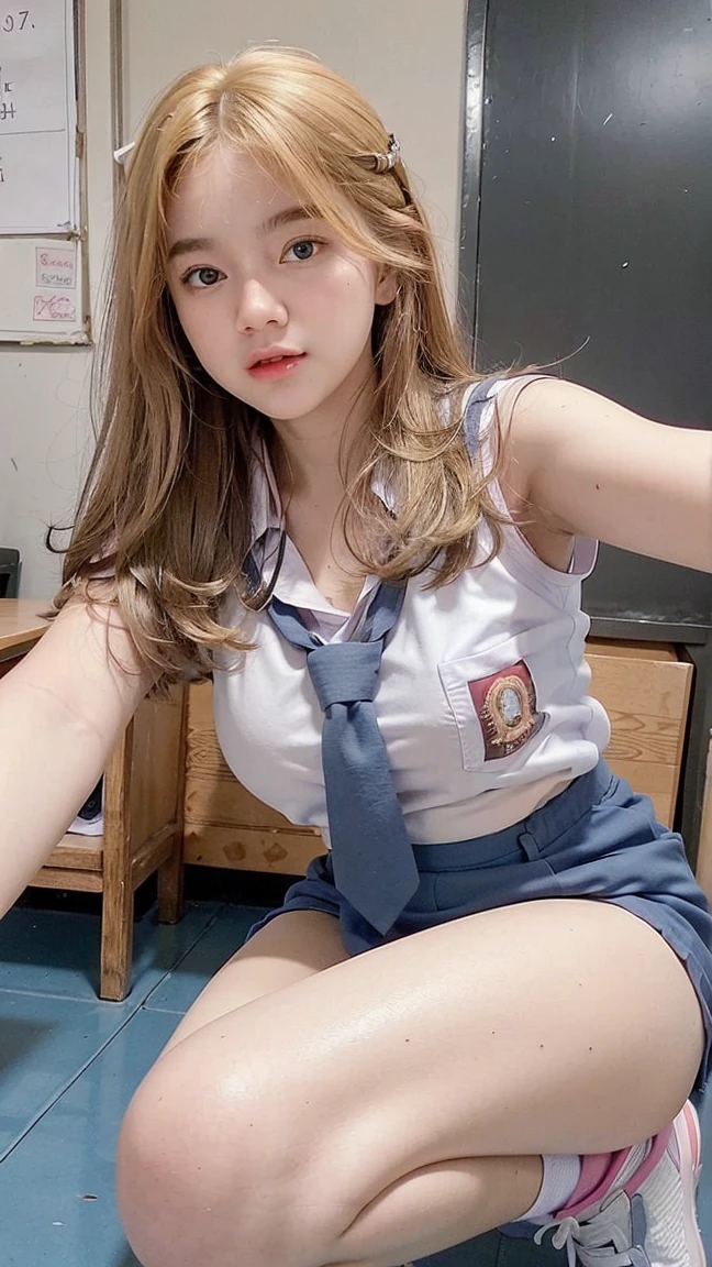 Masterpiece , Beautiful 18 Years Old , Gigantic Large Breast , Cleavage , Sleeveless , ((Wearing High School Uniform)) , High School Skirt , White Sneakers , In Classroom , Take Selfie , ((Centre:1.1)), ((Symetric Picture:1.1)) , ((Blonde Hair:1.1)) , Extremely Detailed , Messy Hair, NSFW, hot, pink pussy