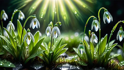 the spring sun shining brightly on the wet grass, snowdrops drooping slightly as if shedding tears of march, reflective petals a...