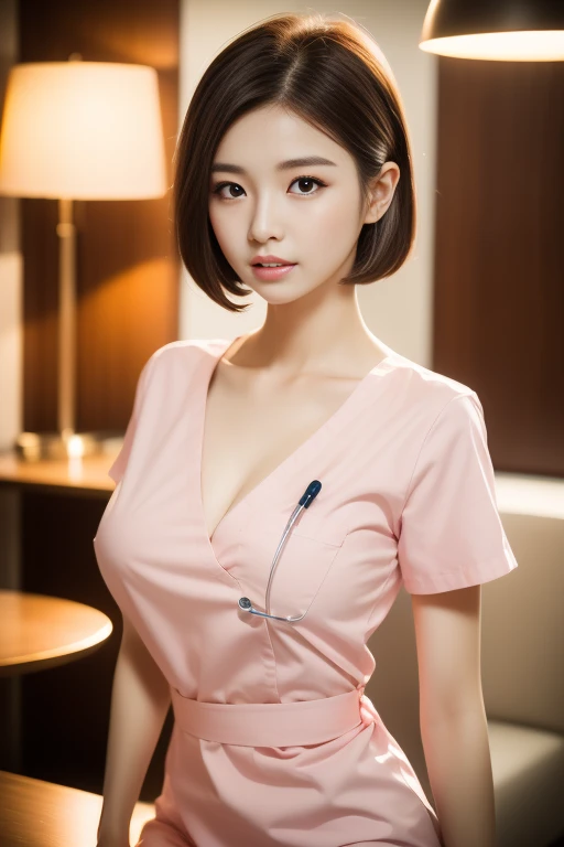 (Ulzzang-6500-v1.1, masterpiece, highest quality:1.3, ultra-detailed 8k:1.2, hyperrealistic:1.35, raw photo:1.2, highest quality, high resolution, wallpaper, realistic, dramatic, realistic painting art by midjourney:1.3, 1 nurse, 28yo, pink nurse uniform, short white tight skirt:1.3, resting in hospital lounge, super beautiful, beautiful skin, detailed face, symmatrical face, double eyelid, beautiful and detailed eyes, friendly kind smile, beautiful glossy lips, snaggle-tooth, hair updo, short bob hair, chest strengthening, ample bosom, emphasize body line, perfect style, cowboy_shot, bokeh background, yellow LED lighting, natural soft light)