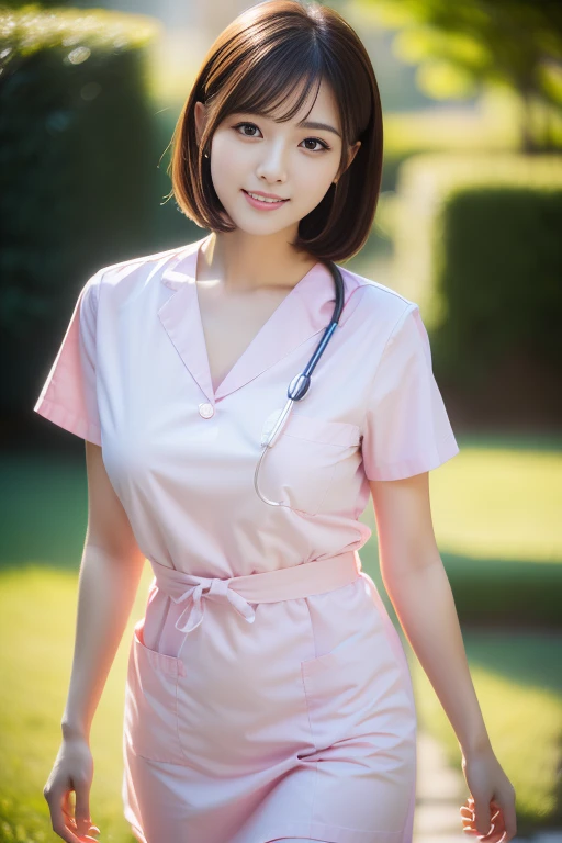 (Ulzzang-6500-v1.1, masterpiece, highest quality:1.3, ultra-detailed 8k:1.2, hyperrealistic:1.35, raw photo:1.2, highest quality, high resolution, wallpaper, realistic, dramatic, realistic painting art by midjourney:1.3, 1 nurse, 28yo, pink nurse uniform, short white tight skirt:1.3, walking in a hospital, super beautiful, beautiful skin, detailed face, symmatrical face, double eyelid, beautiful and detailed eyes, friendly kind smile, beautiful glossy lips, snaggle-tooth, very short bob hair, chest strengthening, ample bosom, emphasize body line, perfect style, cowboy_shot, bokeh background, morning dawn, natural soft light)