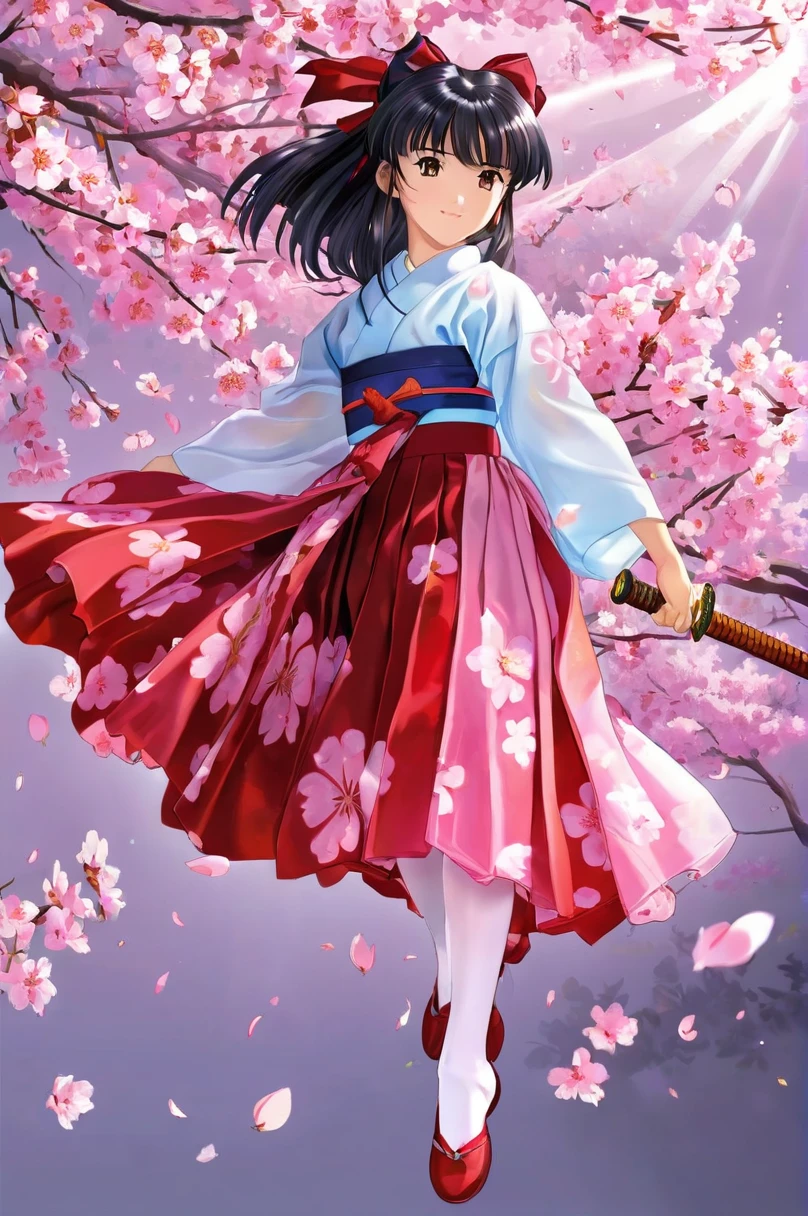 10 year old girl underwear, Sakura Shinguji、Realistic bloomers made from patterned cotton fabric, Japanese clothing and hakama, Fabric Realism, Low - Angle, I see bloomers, Pull up the dress by hand, Strong winds, Translucent slip, Translucent slip, tights, Highest quality,  whole body、Black Hair、Holding a sword、Big ribbon in hair