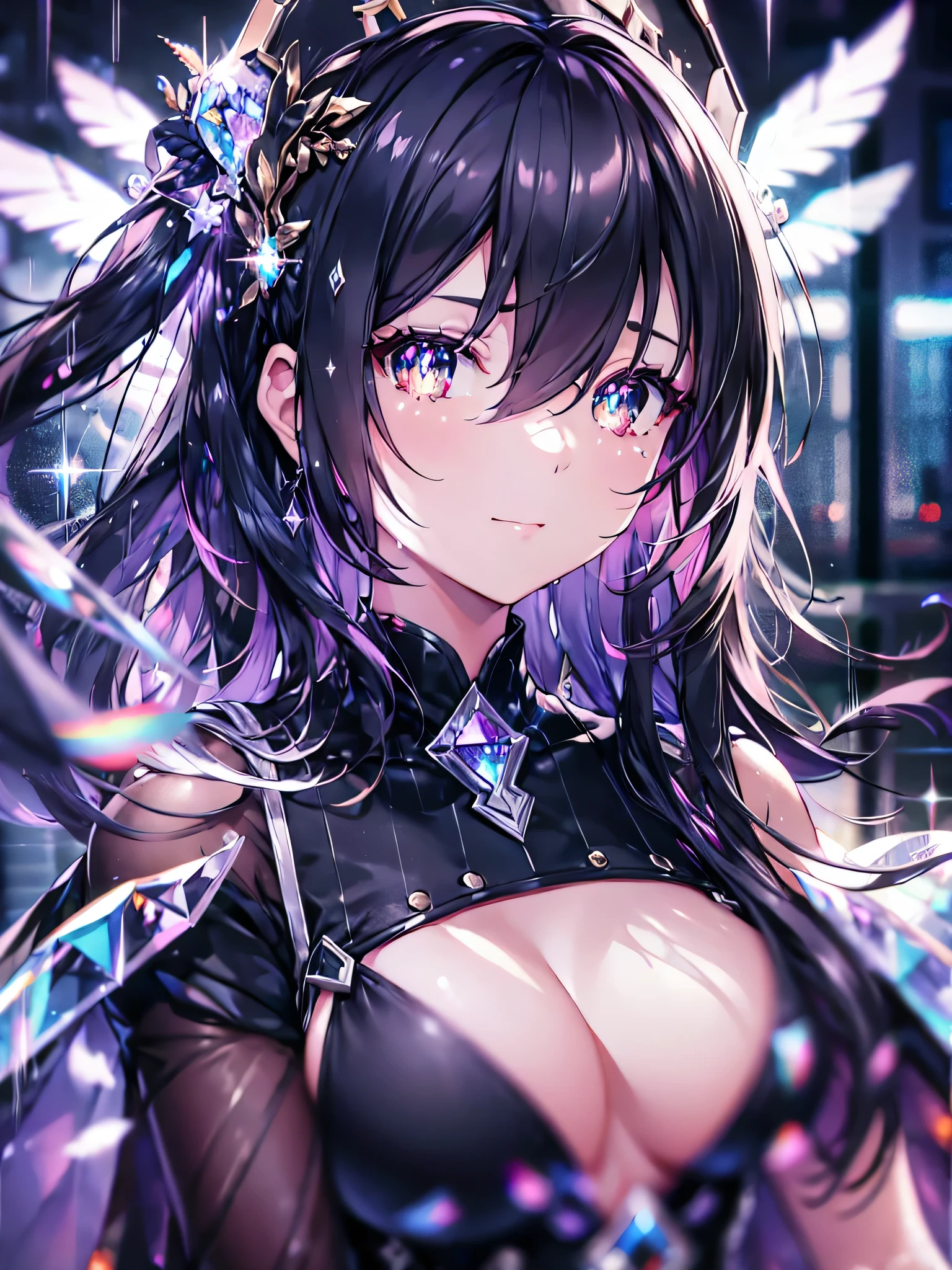 ((ultra detailed, exquisite quality, absolutely resolution)), (anime moe art style:1.3), (((solo girl))), (((black Diamond dress))), (((dress at brilliancious, glare, glitter, reflections, prisms, transparency:2)), (huge breasts:1.5), (hair, ponytail, fluffy long Expressive), head tilt, happy smile, looking at viewer, (finger to mouth), (((face close-up, face focus, eyes focus, blurry background, depth of field:2))), (isometric 3D, octane render, ray tracing:1.5), cinematic shadows, backlighting, (particle effect, caustics:1.5), ((super detailed skin)), (hyper detail delicate eyes, hyper beautiful eyes), (bright pupils),  ((pupils)),  lip focus, light lips, (feathers:1.3) , (rainy landscape:1.5)