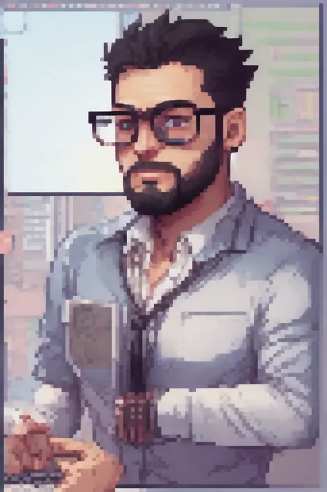 software developer, with a short, low beard, black glasses transparent lens, and shaved hair, using the computer, pixarfk