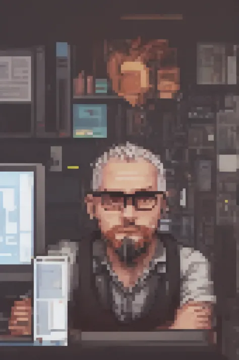 software developer, with a short, low beard, black glasses transparent lens, and shaved hair, using the computer, pixarfk