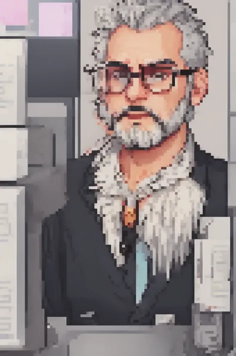 software developer, with a short, low beard, black glasses transparent lens, and shaved hair, using the computer, pixarfk