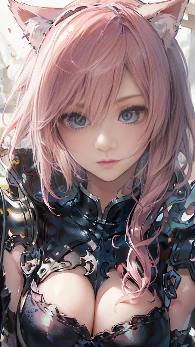 ((masterpiece)), ((best quality)), (portrait of beautiful girl), perfect detailed eyes, perfect detailed face, ultra-detailed nose, pink hair, short hair, messy hair, Armor, cleavage, shoulder pads, Cat ears headband, cowboy shot