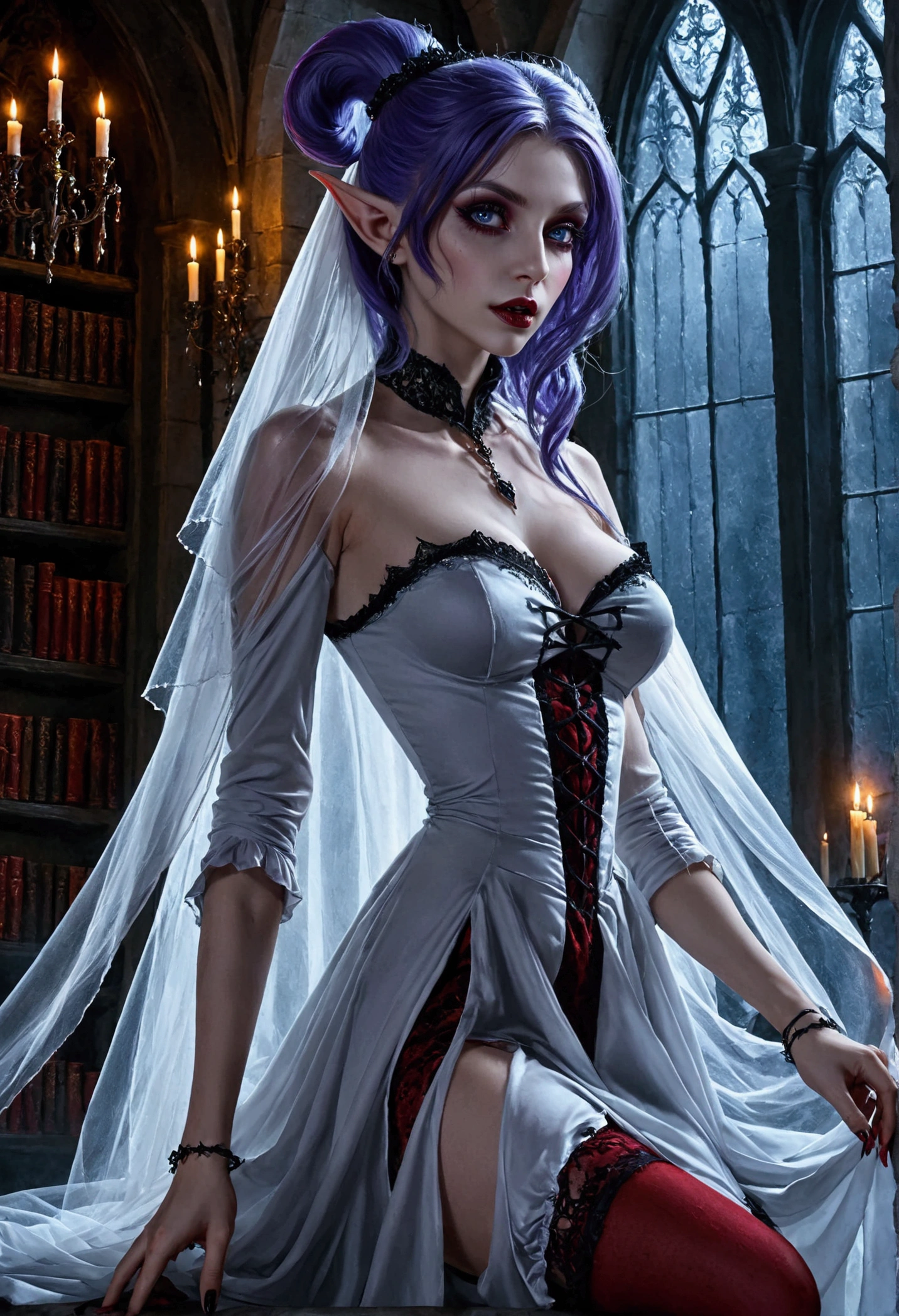 arafed a picture of elf vampire in her castle. an exquisite beautiful female elf vampire (ultra details, Masterpiece, best quality), full body, bloody mouth, purple hair, pale skin, hair in a ponytail, long hair, blue eyes, small pointed ears, cold eyes, smirking, wearing white dress (ultra details, Masterpiece, best quality), red cloak, wearing high heels, in dark fantasy library, book shelves, arafed high details, best quality, 16k, [ultra detailed], masterpiece, best quality, (ultra detailed), full body, ultra wide shot, photorealism, RAW, dark fantasy art, gothic art, wearing Haute_Couture designer dress, Dark Novel, Dark Art Painting Style, dripping blood, hud_s1n, short black dress, long sleeves, veil, thighhighs, digital painting