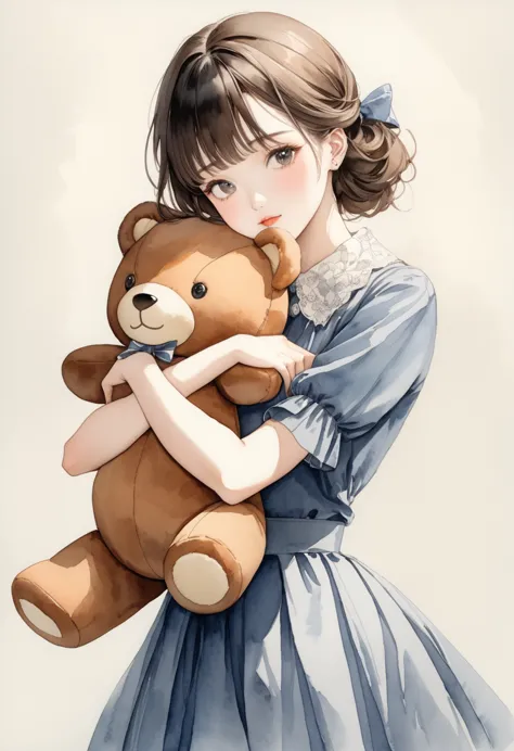 ((antique:1.5)),((hugging a stuffed teddy bear:1.5)),beautiful and cute woman,1 female,solo,sharp features,sophisticated,((water...