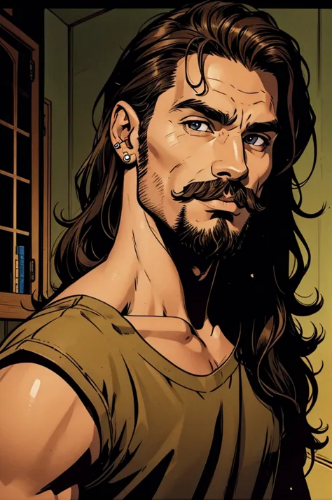 man with straight wavy hair, with a mullet with a mustache and goatee, with brown eyes and an earring in his ear
