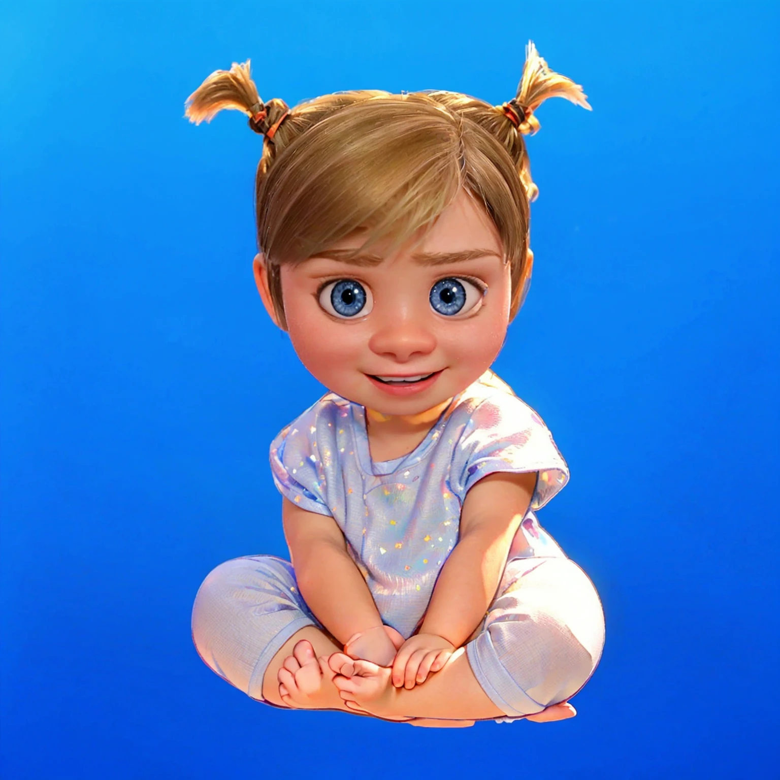 This image features a depiction of Riley Andersen, the young protagonist from the animated movie "Inside Out." The toddler version of Riley here captures her youthful innocence and playful spirit, characterized by her large blue eyes and blonde hair styled in whimsical pigtails. Dressed in a soft blue onesie adorned with stars, Riley exudes curiosity and joy, reflecting her character's bright and lively personality from the film. The vibrant blue background highlights her cheerful disposition and imaginative nature. vibrant contrast to his attire and accessories.аffects render, (glossy plastic texture with multiple big light probe refractions), perfect cgi, smooth silhouette, high intensity refraction, (super glossy plastic material), most beautiful vfx, , realistic, 4k, high resolution, rim light, smooth 3d model, multiple light sources, rim light, sharp post effects render,, realistic, 4k, high resolution, rim light detailed digital art, reflective, best quality, 4k, masterpiece:1.2, ultra-detailed, realistic, vivid colors, The image of the highest quality, ensuring every detail showcased perfectly. It in 4k resolution, allowing viewers to immerse themselves in the richness of the colors and intricate details. The realistic rendering. under the spotlight, reflecting, high-resolution image, realistic rendering