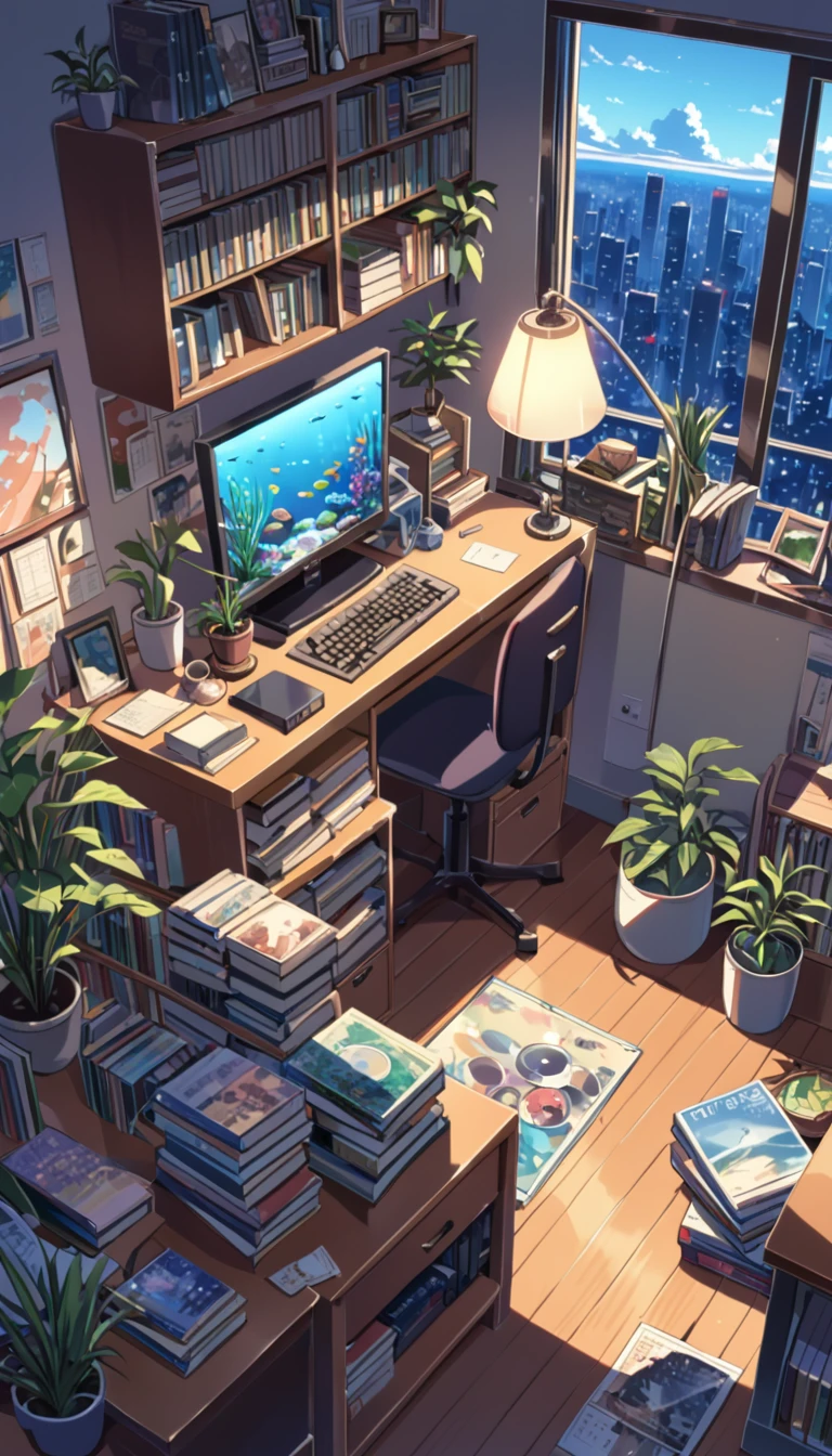 ((anime:1.4,illustration)),(masterpiece, top quality, best quality),(ultra-detailed, absolutely resolution),((16k, high res)). BREAK {lofi art, style of Laurie Greasley, style of Makoto Shinkai, anime aesthetic}, BREAK {There is an small aquarium and houseplants in the room, no humans、books、Lots of CDs}, night