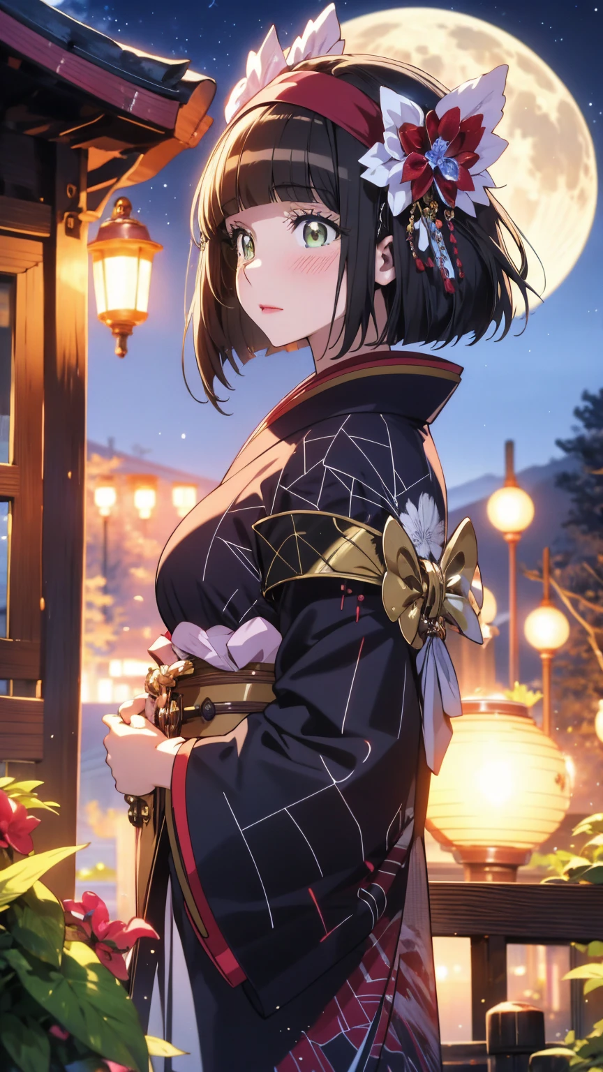 (Highest quality),(masterpiece), 8k,Very detailed, Detailed light, Best Shadow,Detailed reflective eyes, Beautiful Eyes, Very detailedな顔,Shiny Hair,sexy,Big Breasts,Charm,One person,Gloss,semi-long,Black Hair,Iris,kimono,黒色のkimono,,enchanting,Expressionless,Blushing,full moon,Enchanting,Beautiful fingers,Beautiful hands,Refers to 5 books,hair ornaments,whole body,nsfw,shrine,front,On a journey to another world led by the moon,my,Mio,