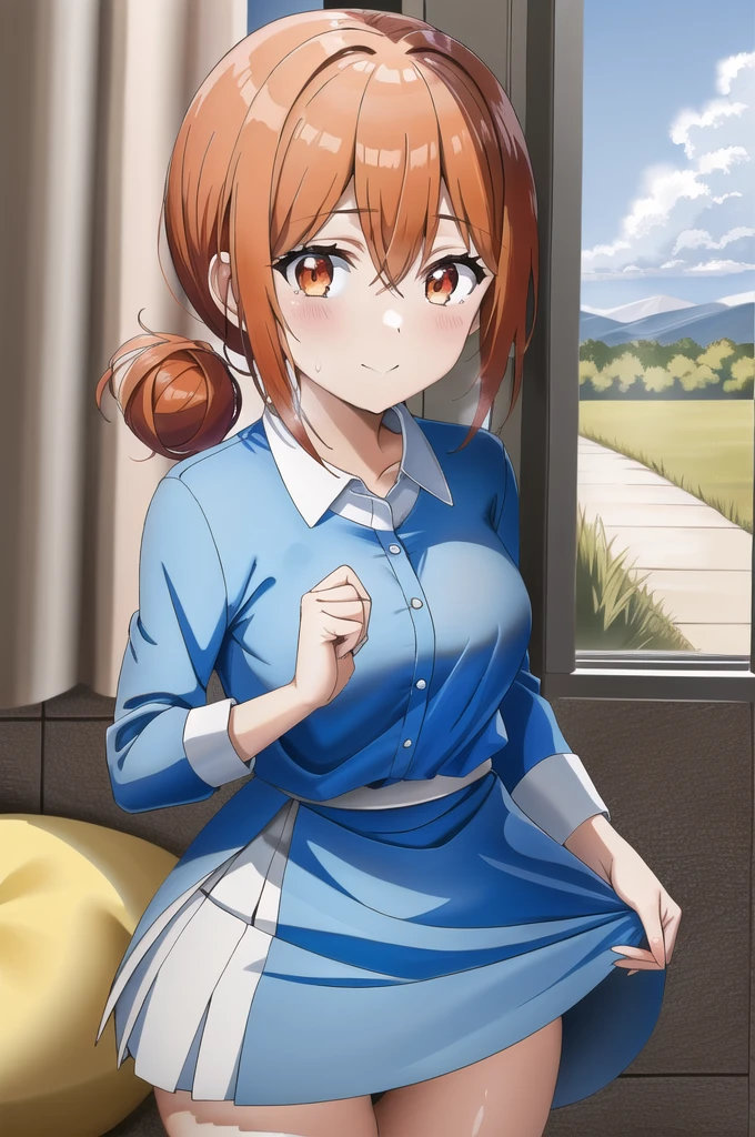 NSFW，masterpiece, (Highest quality:1.3), cowboy shot，looking at viewer，Beautiful attention to detail, (One girl, Mrs. Yuigahama, Orange Hair, Hair Bun), bedroom，standing, White dress，skirt lift，show off your panties，cute panties