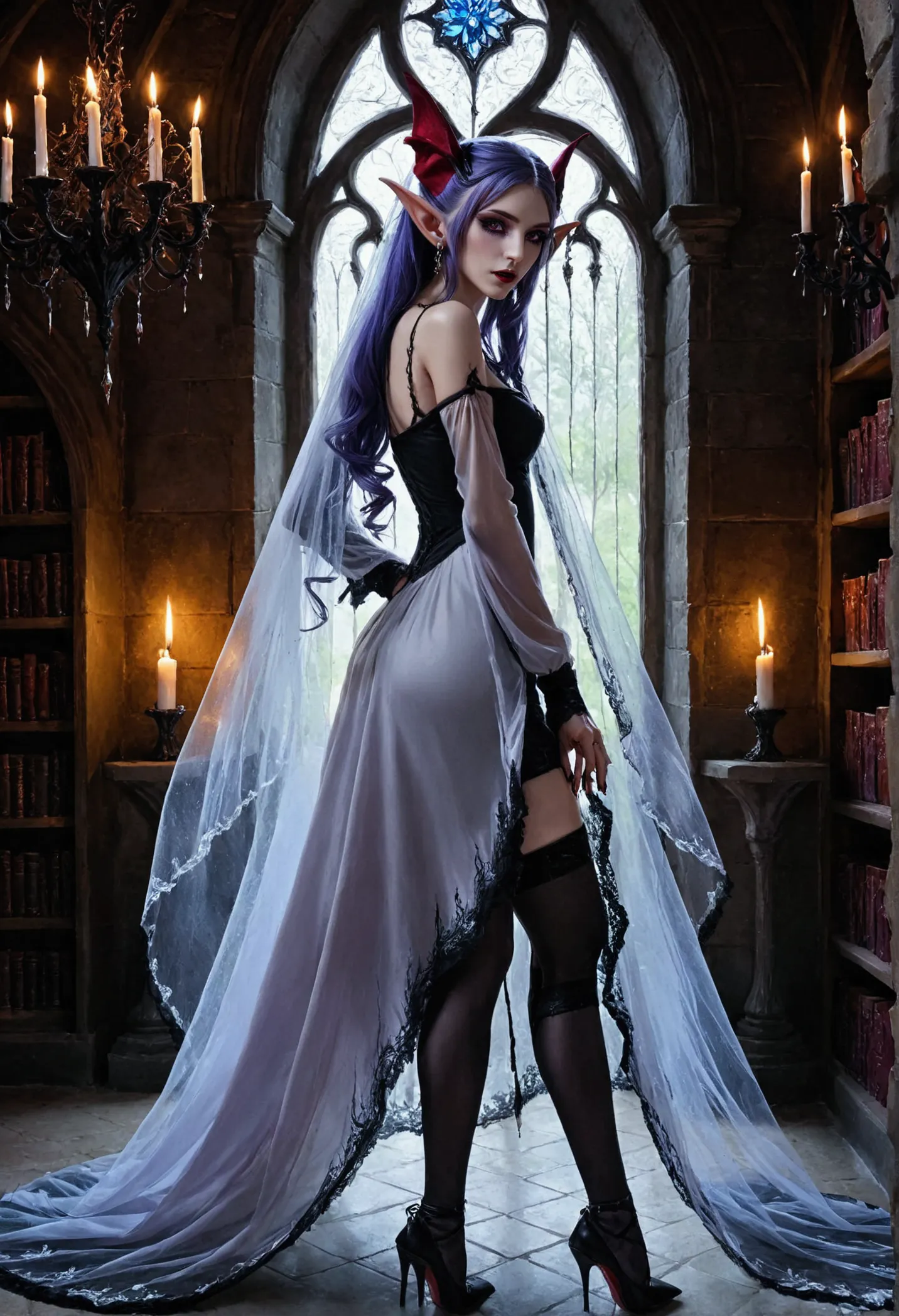 arafed a picture of elf vampire in her castle. an exquisite beautiful female elf vampire (ultra details, masterpiece, best quali...