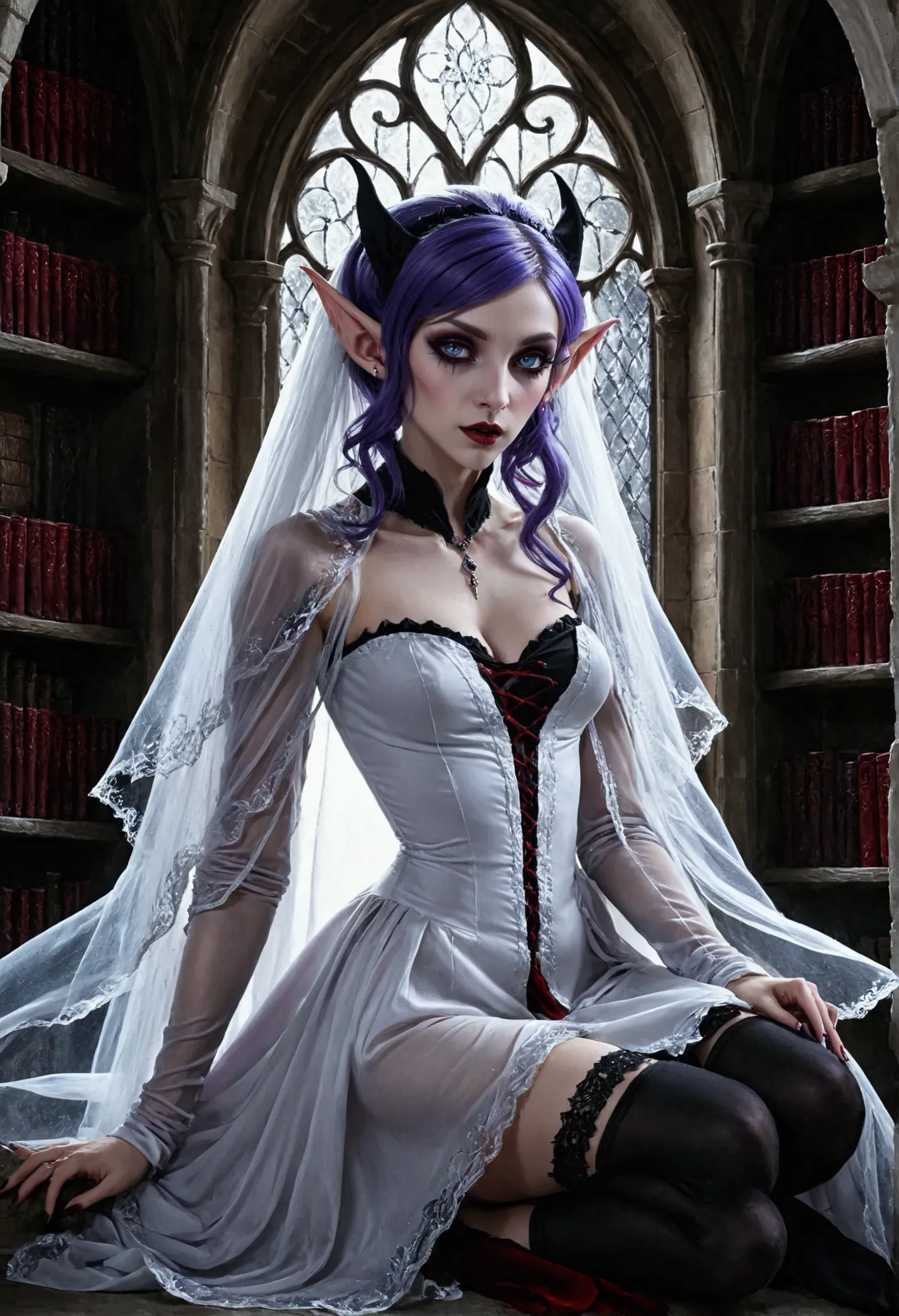 arafed a picture of elf vampire in her castle. an exquisite beautiful female elf vampire (ultra details, masterpiece, best quali...