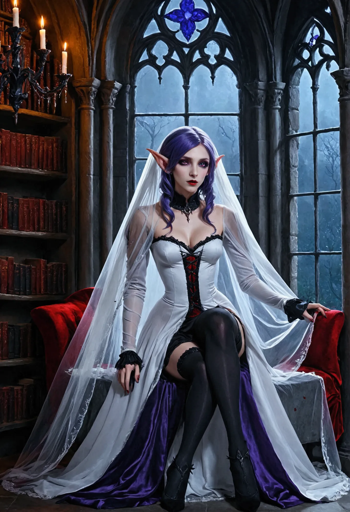 arafed a picture of elf vampire in her castle. an exquisite beautiful female elf vampire (ultra details, masterpiece, best quali...