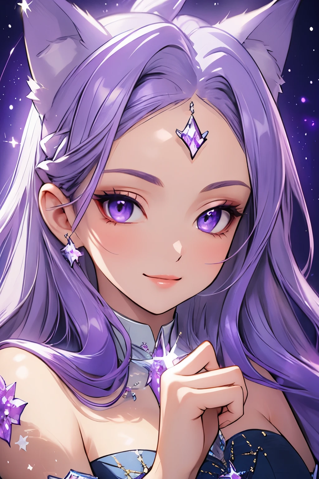 ((best quality)), ((masterpiece)), (detailed), detailed eyes, detailed hands, close up image of her face, female, light purple hair, light purple fox ears, detailed eight-pointed crystal star tattoo on her forehead, delicate and beautiful detailing, beautiful face, well-proportioned detailed purple eyes, round detailed purple eyes and makeup, beautiful detailed and clear purple eyes, volume smooth and sharp, best quality, very beautiful and meticulous eight-pointed crystal star tattoo on her forehead, delicate, MUST have an eight-pointed crystal star tattoo ON THE FOREHEAD, mouth closed smile, not fully smiling, gazing out in wonder, starry background