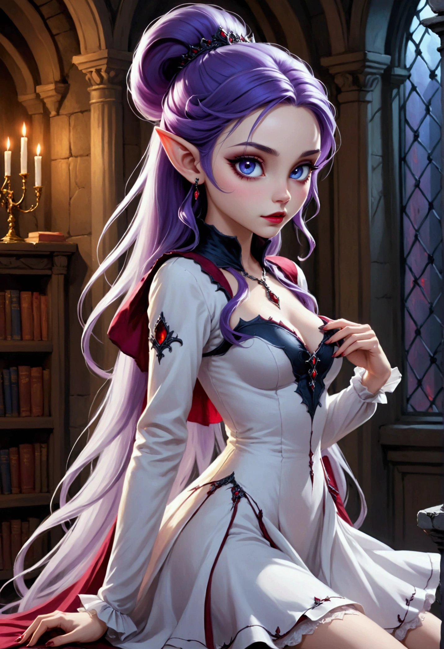 arafed a picture of elf vampire in her castle. an exquisite beautiful female elf vampire (ultra details, Masterpiece, best quality), full body, bloody mouth, purple hair, pale skin, hair in a ponytail, long hair, blue eyes, (small pointed ears: 1.2), cold eyes, smirking, wearing white dress (ultra details, Masterpiece, best quality), red cloak, wearing high heels, in dark fantasy library, book shelves, arafed high details, best quality, 16k, [ultra detailed], masterpiece, best quality, (ultra detailed), full body, ultra wide shot, photorealism, RAW, dark fantasy art, gothic art, wearing Haute_Couture designer dress, Dark Novel, Dark Art Painting Style, dripping blood, hud_s1n, short black dress, long sleeves, veil, thighhighs, digital painting