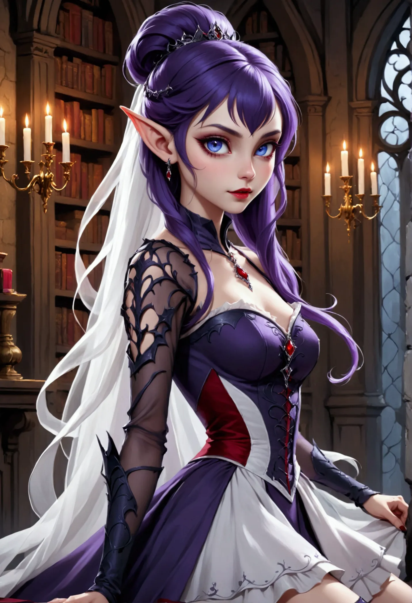 arafed a picture of elf vampire in her castle. an exquisite beautiful female elf vampire (ultra details, masterpiece, best quali...