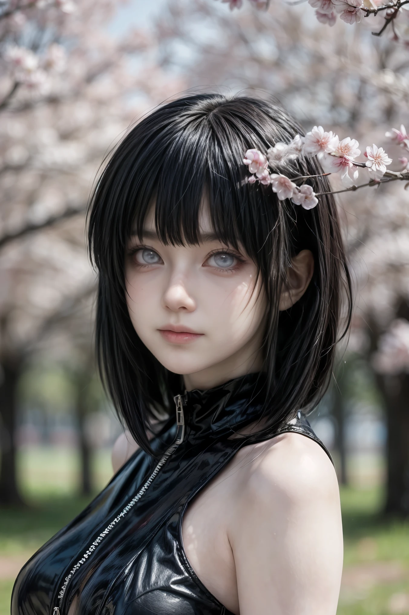 tmasterpiece， Best quality at best， 1girll， Hinata Hyuga ， Large breasts，Off-the-shoulder attire，（cleavage)，（upperbody closeup)，Raised sexy，is shy，ssmile，with black hair， long whitr hair， （Green eyeballs:1.4)， Forehead protection， the cherry trees，Cherry blossoms flying，Red clothes，Zipper half ,realisticphoto ,animerealitic, realistic , perffeck charakter , quality detail , ultra high , anime from realistic , shoflen byakugan ,1girl, Hinata Hyuga , in anime Naruto , short hair, black hair, red eyes, smile, beautiful, sexy dress, sexy clothes, red clothes, wear red glasses, very big breast, realistic clothes, detail clothes, outdoor background, ultra detail, realistic ,quality detailed ,high eyes , face realistic , full body eyes , perffect charater