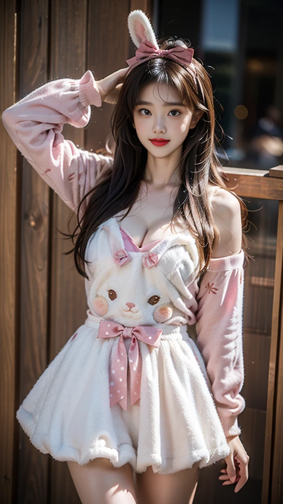 cyb dress,rabbit dress,white dress,rabbit skirt,shirt,animal print shirt,long sleeves,bow,pink bow,rabbit ears,rabbit print ((knee shot)), ((Shoot at random angles)), ((Visible cleavage)), ((E-cup)), ((I-type Valley)), ((Warm colors)), Galaxy Background, Long-range shooting, A beautiful woman，Elegant posture，Standing，Slender figure。Her legs are slender and straight，Cross placement，Forming a perfect diagonal composition。Head gently sideways，Long blond hair falls naturally，Gently brushing her shoulders。Soft colors，In stark contrast to her fair skin。The edge of the skirt ripples gently，As if swaying in the breeze。Her eyes were gentle，There is a faint smile on the lips。The whole picture looks very harmonious and beautiful