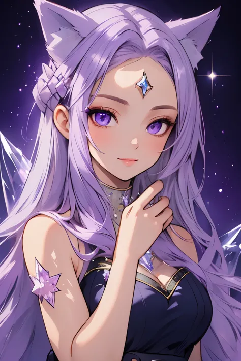 ((best quality)), ((masterpiece)), (detailed), detailed eyes, detailed hands, close up image of her face, female, light purple h...