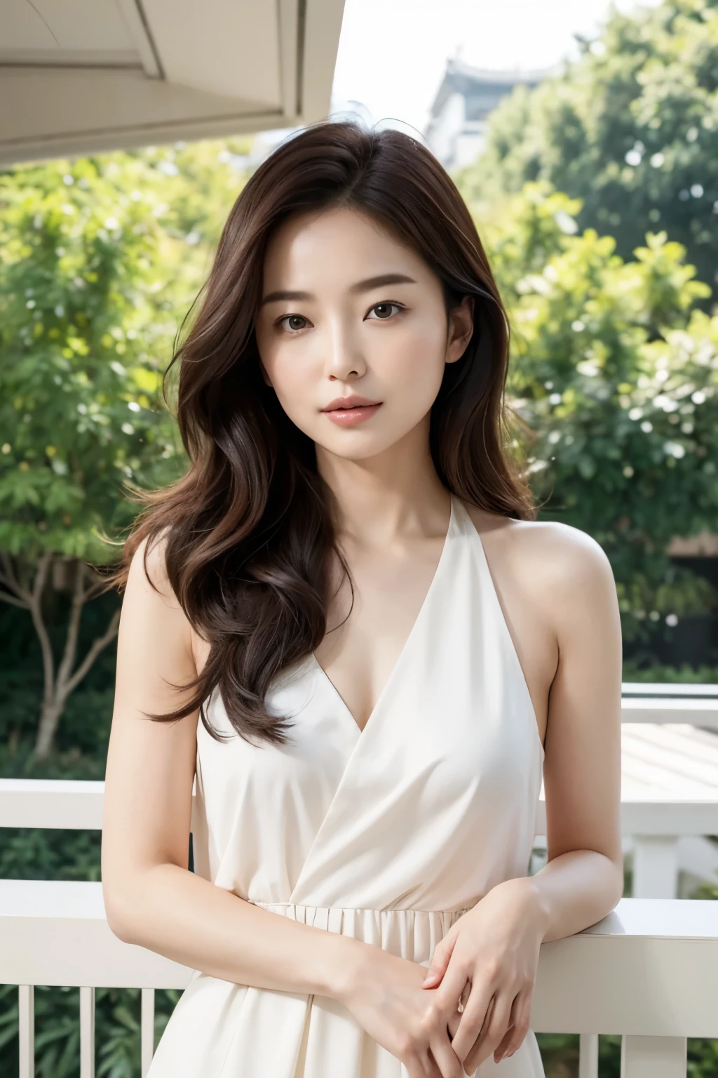 Song Hye-kyo presents herself on a pristine white balcony, bathed in the radiant sunshine. Her demeanor, a perfect blend of elegance and strength, is that of a refined Korean actress. Her hair, a cascade of glossy chestnut waves, shines under the bright light, complementing her sophisticated attire. Her makeup, with its natural hues, accentuates her beautiful and well-groomed face, characterized by big, expressive eyes that gleam with intelligence. She wears a simple yet stylish dress that exudes an aura of sophistication, further reinforcing her intellectual charm. As she turns to face the camera, her confident