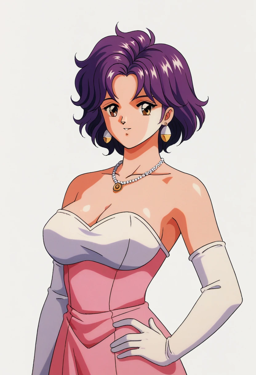 score_9,score_8_up,score_7_up,masterpiece,best quality,
Mira Kagami,1girl,solo,jewelry,gloves,necklace,purple hair,breasts,earrings,dress,cleavage,brown eyes,medium hair,curly hair,retro artstyle,elbow gloves,1990s (style),white background,bare shoulders,white gloves,hand on own hip,large breasts,simple background,
