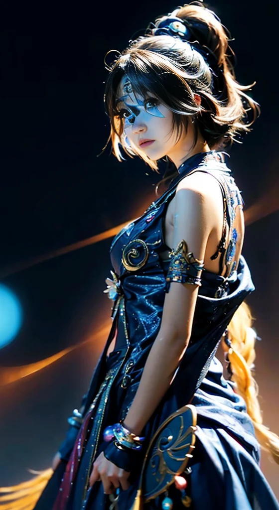 4K,masterpiece, High resolution, Super detailed), 1 female, 28 years old, Yuna from Final Fantasy X2, Looks more mature, ((Simple Background)), Simple dark background, ((Nothing in the background)), Surreal, Yuna&#39;s Final Fantasy Costume, Yuna from Final Fantasy X2のオリジナルコスチュームデザイン, (((https://www.Creative Uncut.and/Gallery-01/ff10-2-Yuna 2.html))), Tattered, revealing denim shorts, Features of asymmetrical clothing, Belt on the left hip, Best clothing simulation, Without collar, 1 Female, Windy nights, Yuna's Bob Hairstyles, Big Breasts, chestの谷間, middle_chest, Thick body, smile, Sleeves don&#39;t hang down, Close-up shot, Front shot, zoomed in shots, Head to waist image scope, closed-mouth smile, Head to waist, Character looks at the camera, I&#39;m watching you, Yuna FFX, Blue beaded earrings