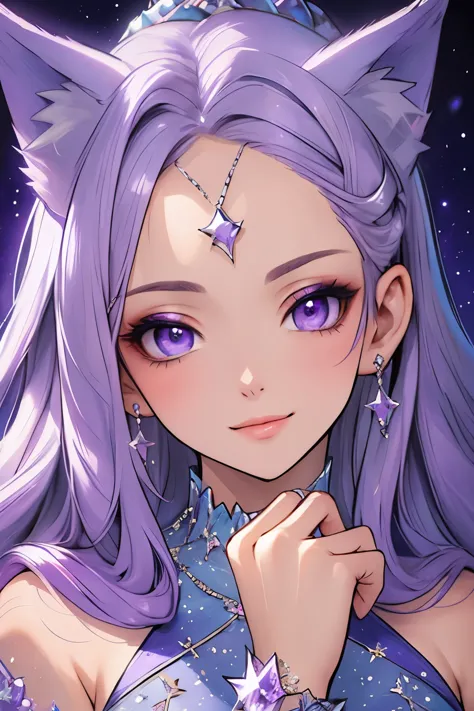 ((best quality)), ((masterpiece)), (detailed), detailed eyes, detailed hands, close up image of her face, female, light purple h...