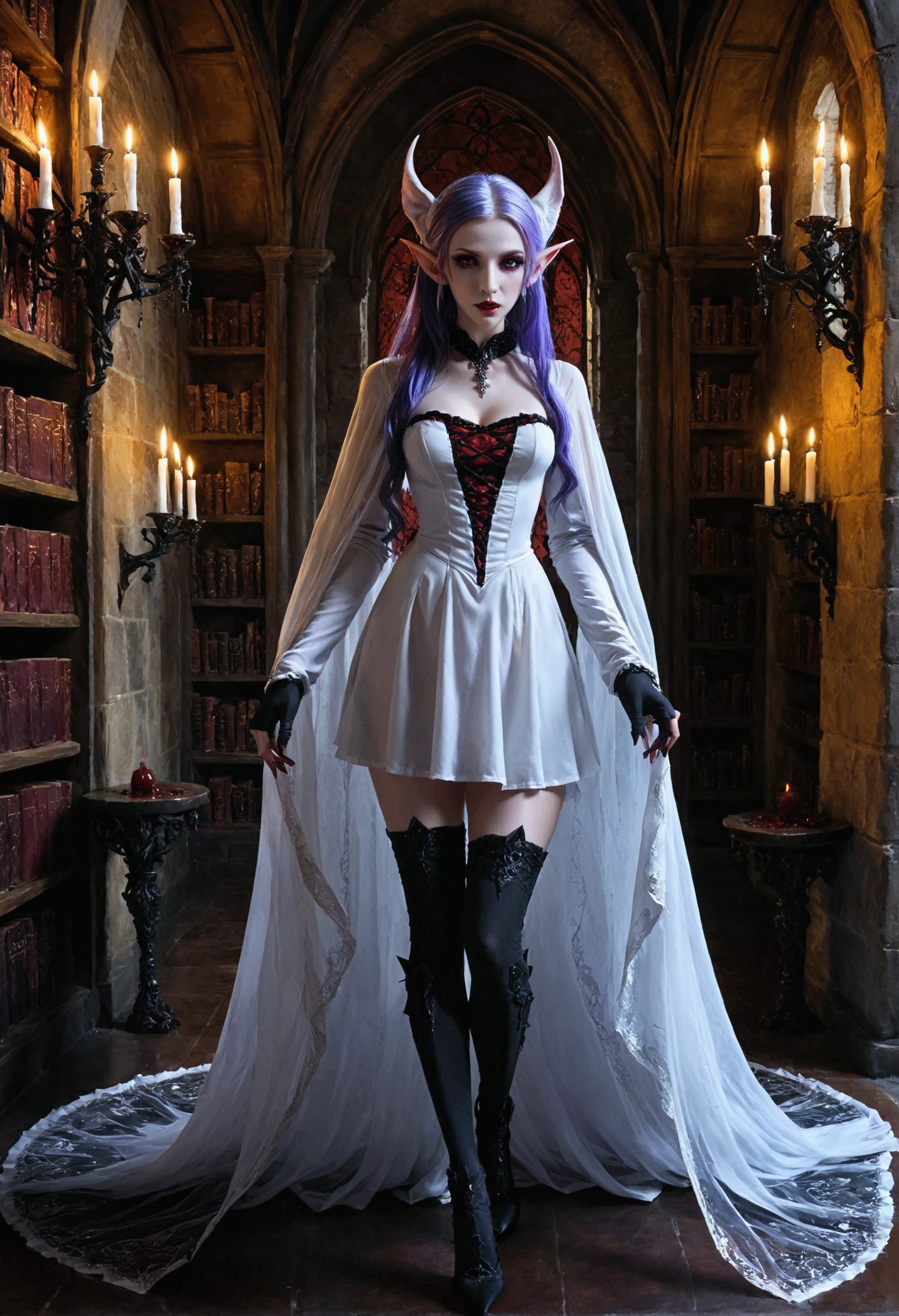 arafed a picture of elf vampire in her castle. an exquisite beautiful female elf vampire (ultra details, Masterpiece, best quality), full body, bloody mouth, purple hair, pale skin, hair in a ponytail, long hair, blue eyes, (small pointed ears: 1.2), cold eyes, smirking, wearing white dress (ultra details, Masterpiece, best quality), red cloak, wearing high heels, in dark fantasy library, book shelves, arafed high details, best quality, 16k, [ultra detailed], masterpiece, best quality, (ultra detailed), full body, ultra wide shot, photorealism, RAW, dark fantasy art, gothic art, wearing Haute_Couture designer dress, Dark Novel, Dark Art Painting Style, dripping blood, hud_s1n, short black dress, long sleeves, veil, thighhighs, digital painting