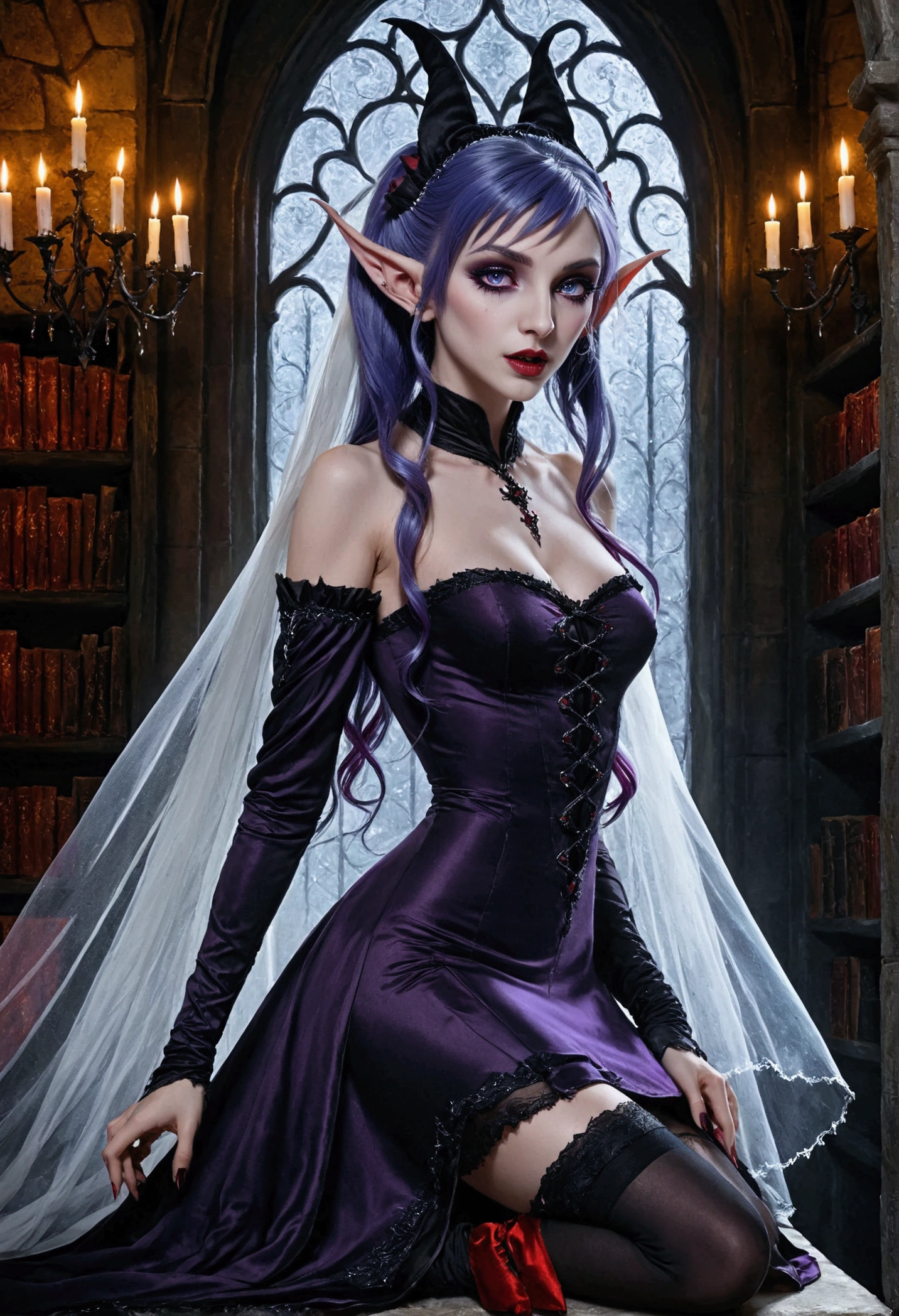 arafed a picture of elf vampire in her castle. an exquisite beautiful female elf vampire (ultra details, Masterpiece, best quality), full body, bloody mouth, purple hair, pale skin, hair in a ponytail, long hair, blue eyes, (small pointed ears: 1.2), cold eyes, smirking, wearing white dress (ultra details, Masterpiece, best quality), red cloak, wearing high heels, in dark fantasy library, book shelves, arafed high details, best quality, 16k, [ultra detailed], masterpiece, best quality, (ultra detailed), full body, ultra wide shot, photorealism, RAW, dark fantasy art, gothic art, wearing Haute_Couture designer dress, Dark Novel, Dark Art Painting Style, dripping blood, hud_s1n, short black dress, long sleeves, veil, thighhighs, digital painting