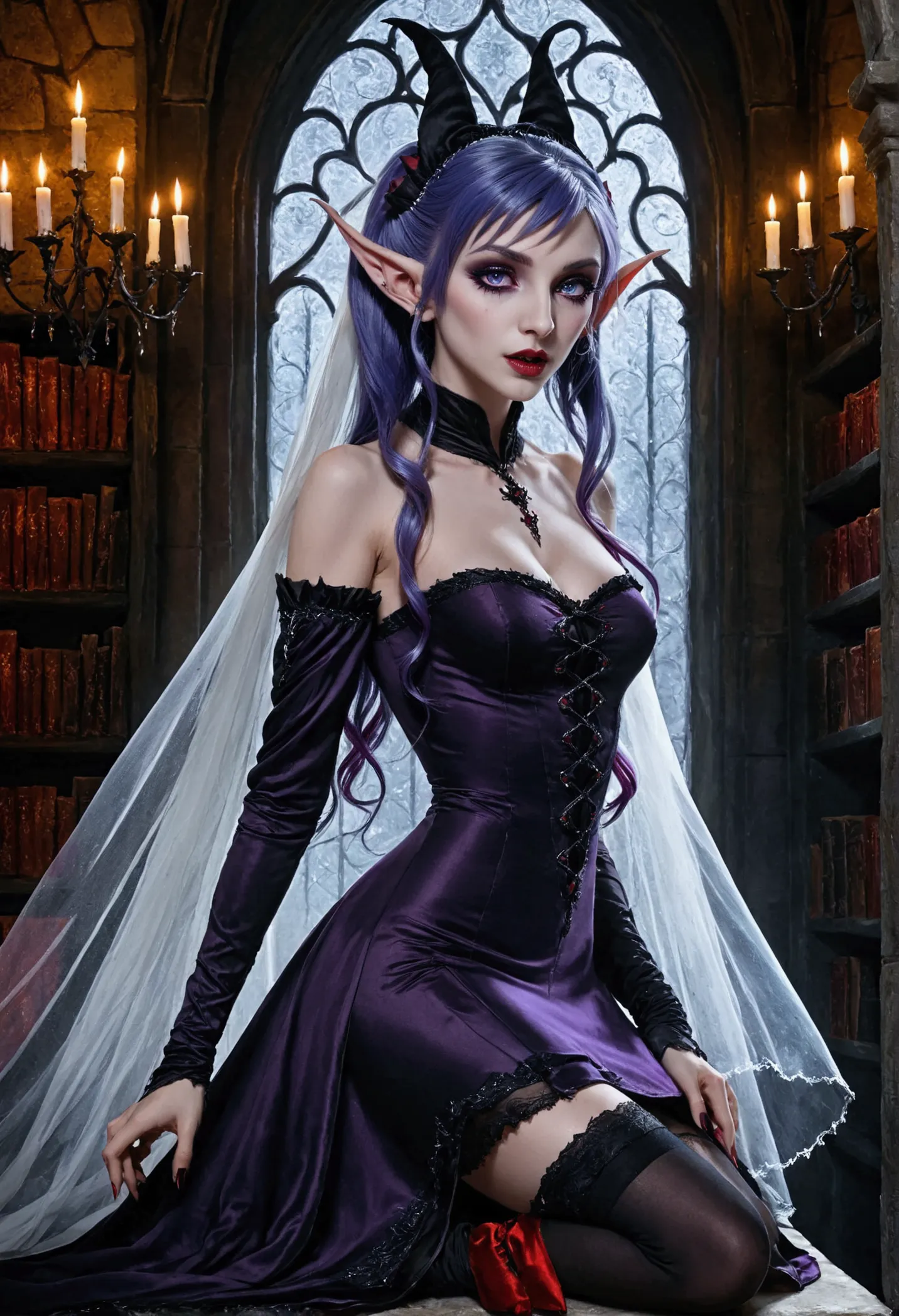 arafed a picture of elf vampire in her castle. an exquisite beautiful female elf vampire (ultra details, Masterpiece, best quali...