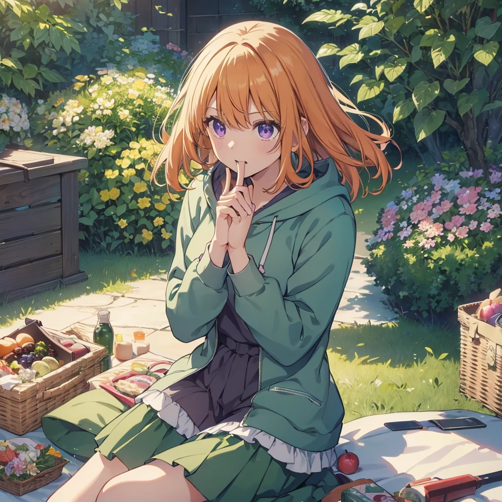 (Recall,food:1.3),(picnic:1.3),basket, Park with a view, Highest quality,Best image quality,Perfect Anatomy,masterpiece,Ultra-detailed,beautiful,super high quality, Highest quality,High resolution, Very detailed,Game CG,Dutch Angle ,Beautiful attention to detail,Visual Arts,Five Fingers, Perfect hands,Hide your hands, {{{One Girl}}}, Beautiful detailed girls, Game CG, Spring flower, One curl on the outside, Short Bob Hair, Pastel orange hair, Purple eyes,Stylish accessories solo, breast enhancement, Medium Shoot, woman, Take-out, Laughter, huge ,,Pastel green checkered mini skirt,Black knee-highs, {{{{{Wearing a pastel green hoodie}}}}},Open your mouth, wonderful, Beautiful attention to detail, Highest quality, Very delicate,Masseter muscle area,Highest quality,(Official Art、Highest quality、Unity 8k wallpaper、32K、masterpiece、Ultra-detailed、超High resolution、Realistic、Photorealistic:1.2)、(Cinema Lighting:1.2)、Fire Glow Effect、The most grainy shadows on the film、Side light、Side Shot、(Ultra-detailed and intricate 3D rendering)、Atelier Series,