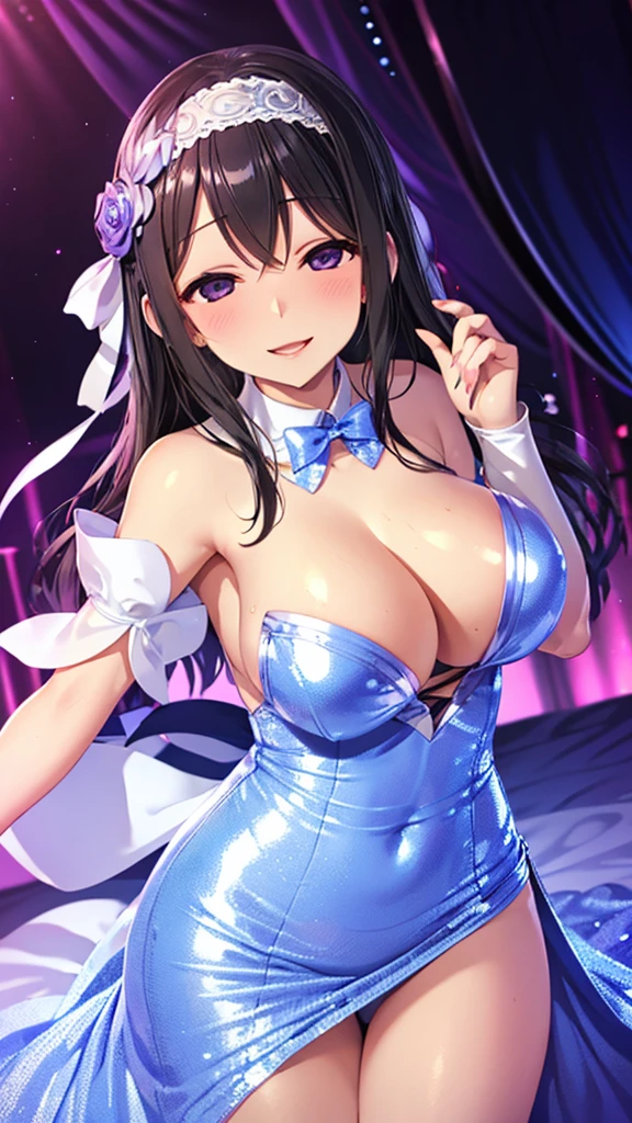 Erotic、Sagasawa Fumika、White headband、Big Breasts、Shiny light blue sequin long dress、Pink love hotel with dim lights、Sexy smile、Lightly open your mouth、Evil female executive、adult、Married Woman