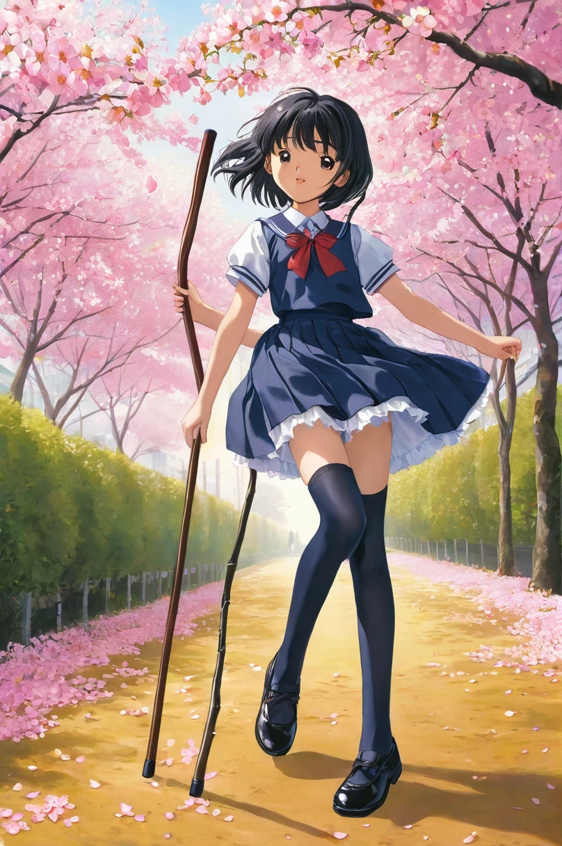 10 year old girl underwear, Sakura Shinguji、Realistic bloomers made from patterned cotton fabric, Primary school uniforms, Fabric Realism, Low - Angle, I see bloomers, Pull up the dress by hand, Strong winds, Translucent slip, Translucent slip, tights, Highest quality, whole body、Black Hair、Carrying a walking stick、