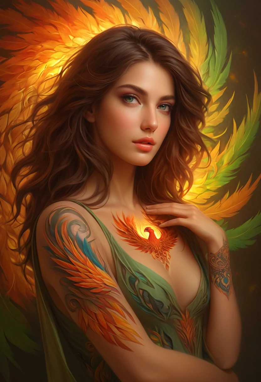 (best quality, 4k, 8k, high resolution, masterpiece: 1.2), ultra-detailed, (ultra-realistic, photorealistic, photorealistic: 1.37) a beautiful young brunette with a complex and colorful phoenix tattoo on her arm, 18 years old, Beauty amazing, intricate detailed fractal tattoo, realistic detailed color tattoo, highly detailed body art, delicate female portrait, flawless skin, fair skin, green eyes, elegant facial features, flowing loose hair, dynamic pose, dramatic shadows, vibrant colors, fantasy art , digital painting, concept art, hyperrealistic, 8k, best quality, back to the viewer, delicate fractal tattoo, professional photography, high quality, detailed, photorealistic, soft natural lighting, warm color palette, serene atmosphere, intricate details tattoo, graceful pose,