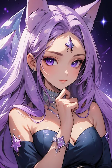 ((best quality)), ((masterpiece)), (detailed), detailed eyes, detailed hands, close up image of her face, female, light purple h...