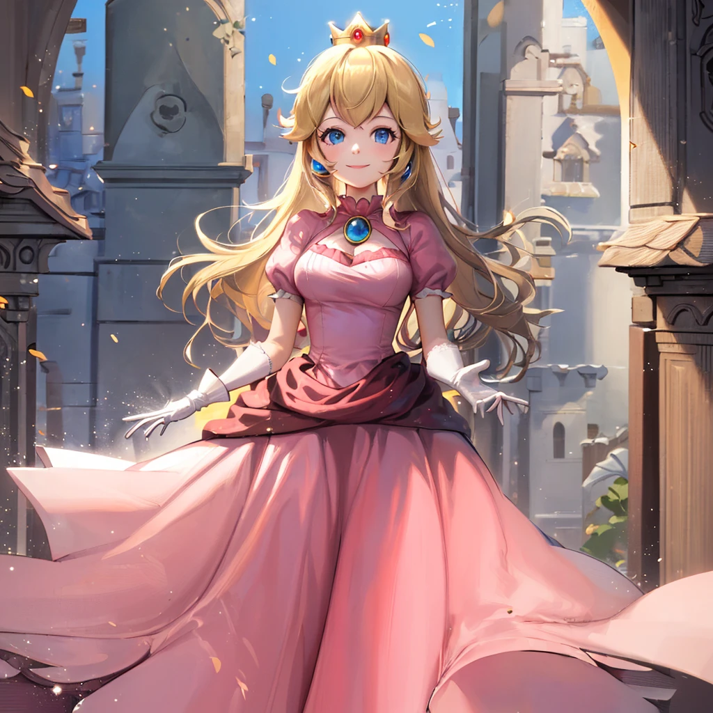 ((masterpiece,Highest quality)), Absurd, Princess_peach,  (Pink Dress), Blonde, blue eyes, Long Hair, Crown, gem, gloves, Puff sleeves, Short sleeve, white gloves, alone, smile, View your viewers, Cowboy Shot,  Structure of the film,