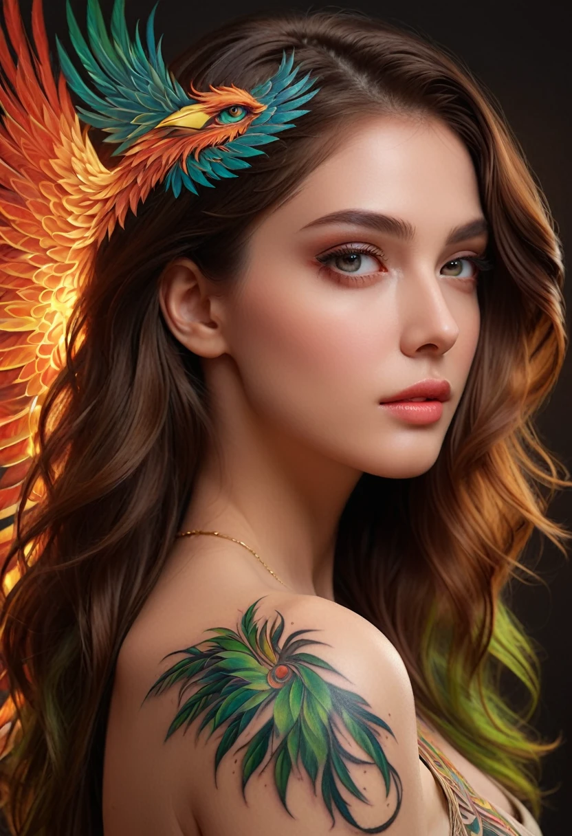 (best quality, 4k, 8k, high resolution, masterpiece: 1.2), ultra-detailed, (ultra-realistic, photorealistic, photorealistic: 1.37) a beautiful young brunette with a complex and colorful phoenix tattoo on her arm, 18 years old, Beauty amazing, intricate detailed fractal tattoo, realistic detailed color tattoo, highly detailed body art, delicate female portrait, flawless skin, fair skin, green eyes, elegant facial features, flowing loose hair, dynamic pose, dramatic shadows, vibrant colors, fantasy art , digital painting, concept art, hyperrealistic, 8k, best quality, back to the viewer, delicate fractal tattoo, professional photography, high quality, detailed, photorealistic, soft natural lighting, warm color palette, serene atmosphere, intricate details tattoo, graceful pose,