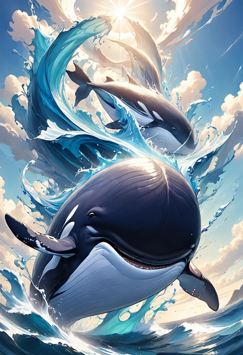 Une baleine s'élance hors de la mer,se pencher en avant,La queue frappe l'eau vigoureusement, et l'énorme corps dessine un arc gracieux dans l'air. La baleine glisse dans les airs comme un énorme navire, et elle déploie sa nageoire caudale immense.,Comme de larges ailes battantes.La baleine brille d'un bleu argenté au soleil, et l'eau éclaboussée trace des lignes douces dans l'air. La baleine plane entre le ciel bleu et l'océan, et toute la scène est pleine de tension entre puissance et beauté.