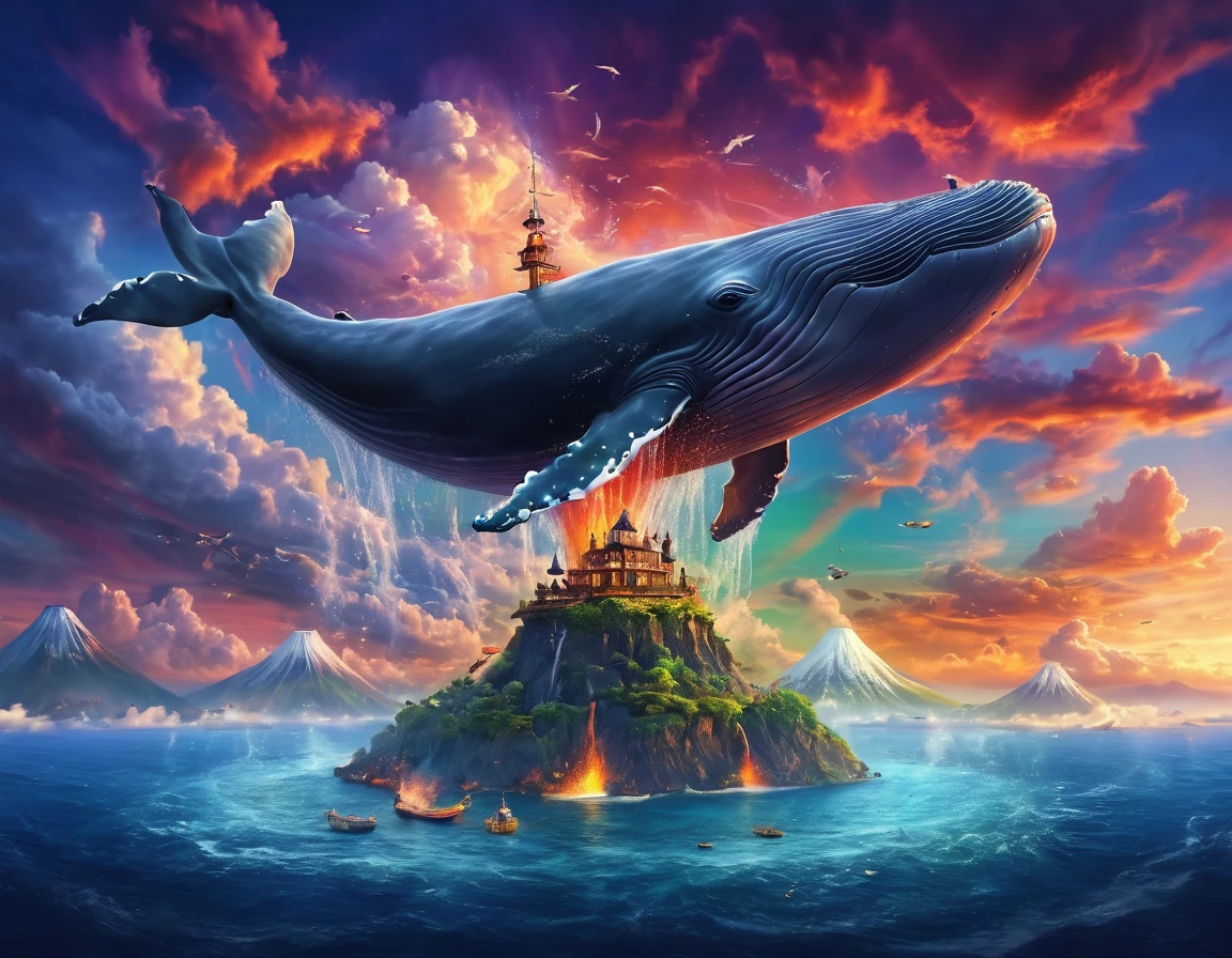 Island in the sea，Fairy tale world，There is a Flying Whale on the volcano，Neverland，Colorful Clouds