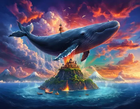 island in the sea，fairy tale world，there is a flying whale on the volcano，neverland，colorful clouds