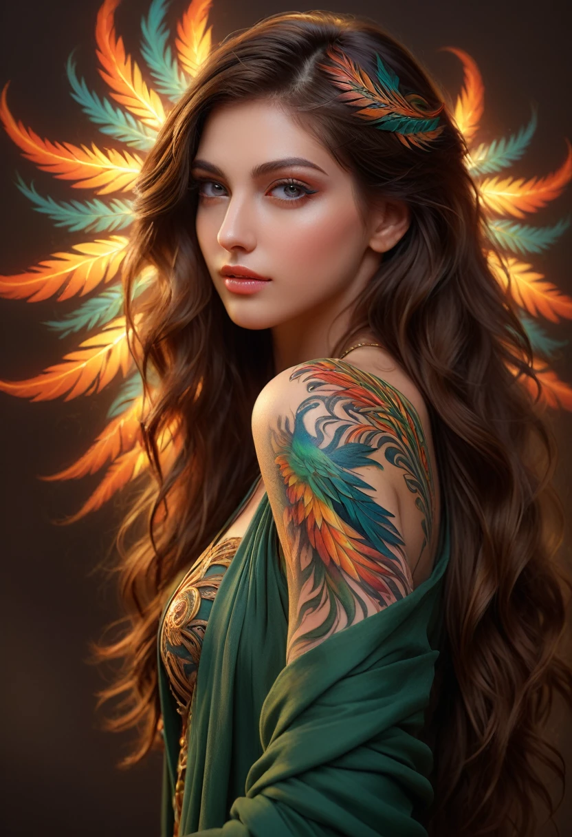 (best quality, 4k, 8k, high resolution, masterpiece: 1.2), ultra-detailed, (ultra-realistic, photorealistic, photorealistic: 1.37) a beautiful young brunette with a complex and colorful phoenix tattoo on her arm, 18 years old, Beauty amazing, intricate detailed fractal tattoo, realistic detailed color tattoo, highly detailed body art, delicate female portrait, flawless skin, fair skin, green eyes, elegant facial features, flowing loose hair, dynamic pose, dramatic shadows, vibrant colors, fantasy art , digital painting, concept art, hyperrealistic, 8k, best quality, back to the viewer, delicate fractal tattoo, professional photography, high quality, detailed, photorealistic, soft natural lighting, warm color palette, serene atmosphere, intricate details tattoo, graceful pose,