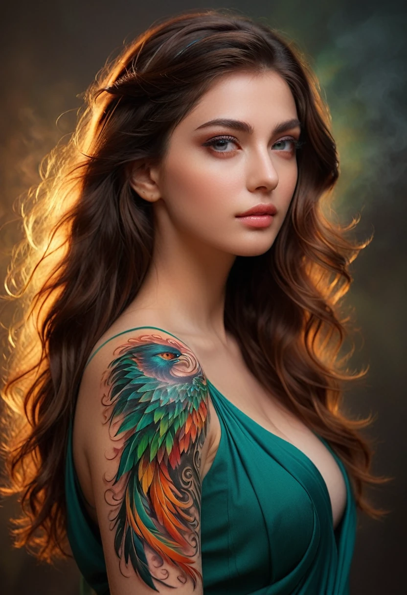 (best quality, 4k, 8k, high resolution, masterpiece: 1.2), ultra-detailed, (ultra-realistic, photorealistic, photorealistic: 1.37) a beautiful young brunette with a complex and colorful phoenix tattoo on her arm, 18 years old, Beauty amazing, intricate detailed fractal tattoo, realistic detailed color tattoo, highly detailed body art, delicate female portrait, flawless skin, fair skin, green eyes, elegant facial features, flowing loose hair, dynamic pose, dramatic shadows, vibrant colors, fantasy art , digital painting, concept art, hyperrealistic, 8k, best quality, back to the viewer, delicate fractal tattoo, professional photography, high quality, detailed, photorealistic, soft natural lighting, warm color palette, serene atmosphere, intricate details tattoo, graceful pose,